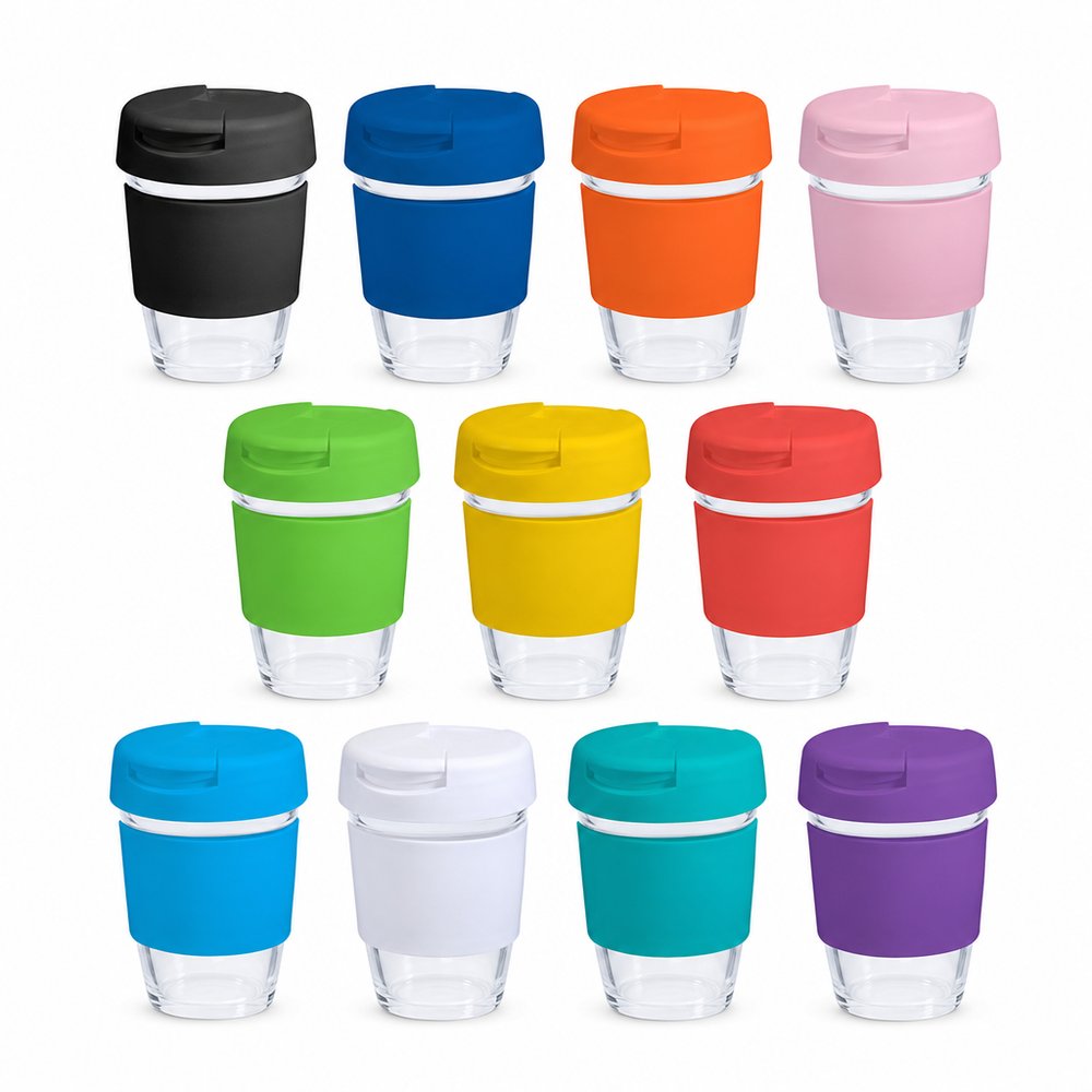 プラスチックフリップ蓋付きガラスカップ(340ml)