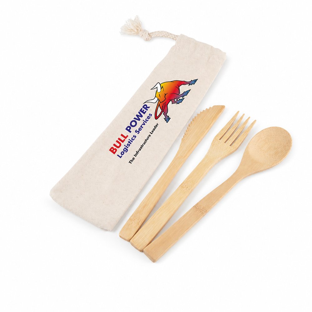 Bamboo Cutlery Set in Calico Pouch — Branded