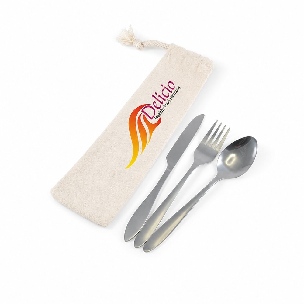 Reusable Stainless Steel Cutlery Set in Calico Pouch