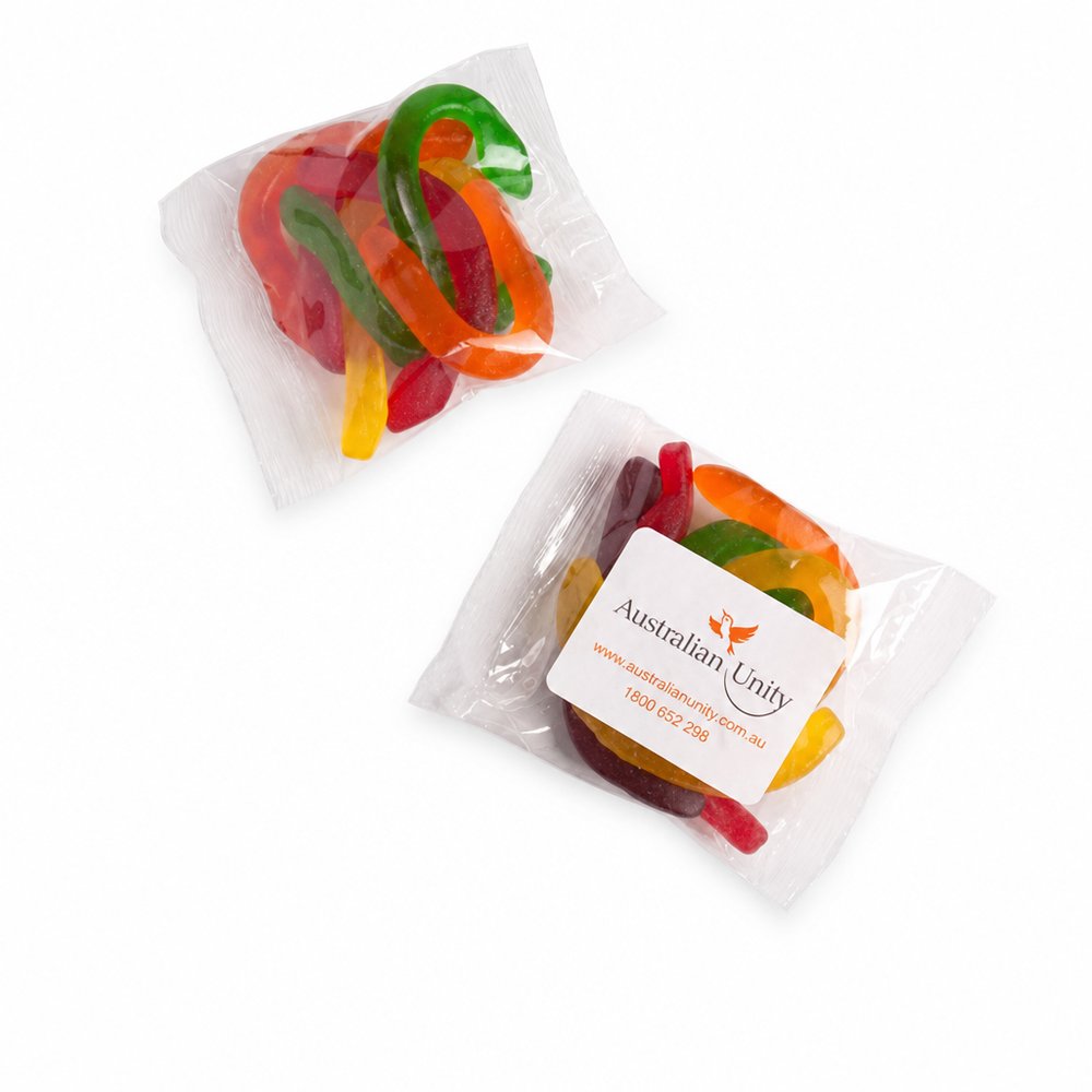 Branded Jelly Snakes 100g Bag with Custom Sticker