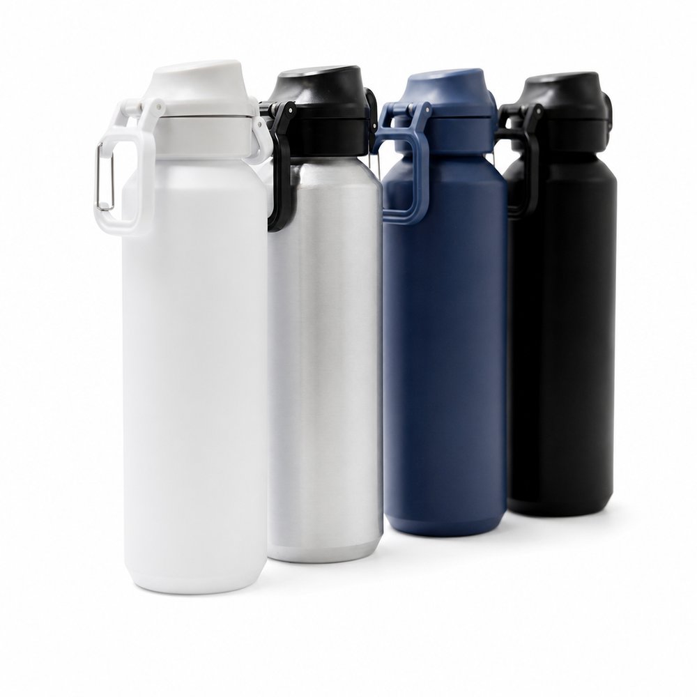 リサイクルアルミ製ドリンクボトル(600ml、カラビナフック付き)