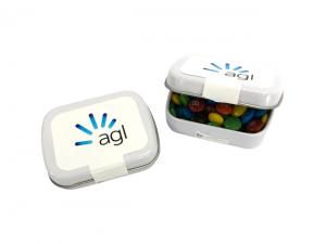 M＆Mで満たされた長方形のヒンジ缶（30g）