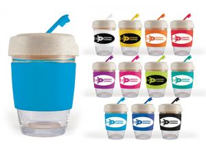 ノベルティ Eco Flip Lid Glass Coffee Cups With Silicone Bands (320ml)