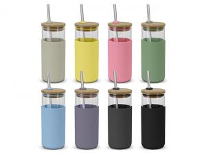 ノベルティ Glass Tumblers With Straw And Bamboo Lid (450ml)