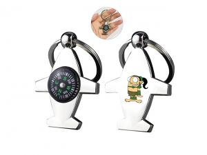 ノベルティ コンパス付き平面形状の金属キーリング